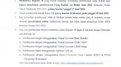 Pengumuman Pembayaran Uang Kuliah Mahasiswa Reguler B Sebelum UAS Semester Genap 2021/2022